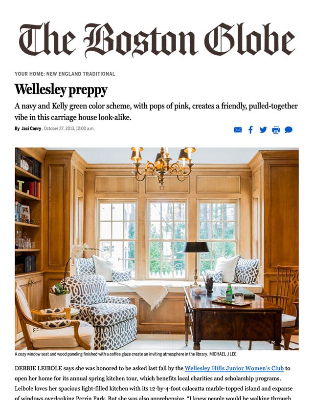Wellesley Preppy project by Elizabeth Home Decor and Design featured in The Boston Globe Magaine
