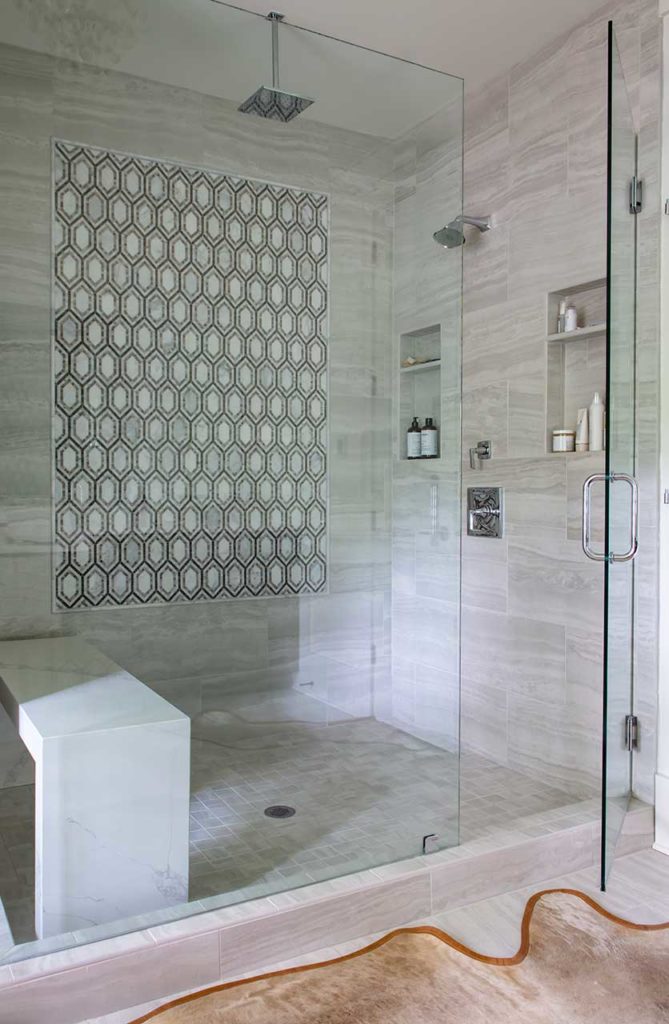 Interior design Atlanta project. Glass shower with custom tile. Interior design by Boston interior designer Elizabeth Benedict.