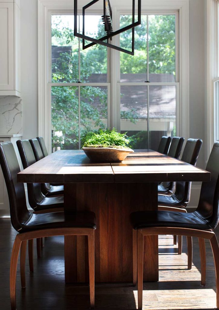 Interior design Atlanta project. Farm table with modern lighting fixture by Boston interior designer Elizabeth Benedict.
