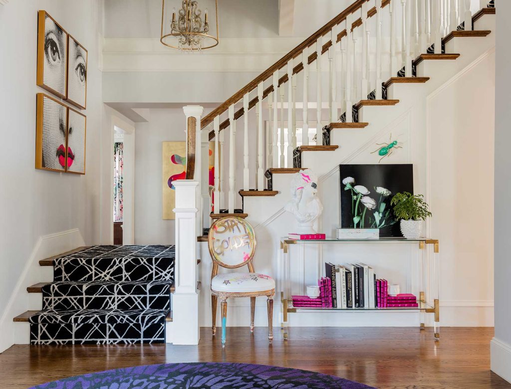 Interior design Newton Centre featuring main foyer with staircase by Boston interior designer Elizabeth Benedict.