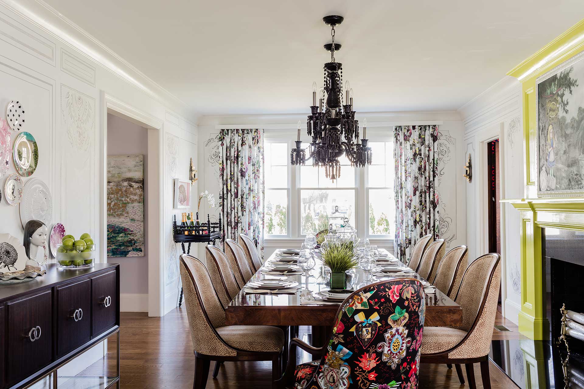 Newton Centre Interior design project. Formal dining room with black chandelier