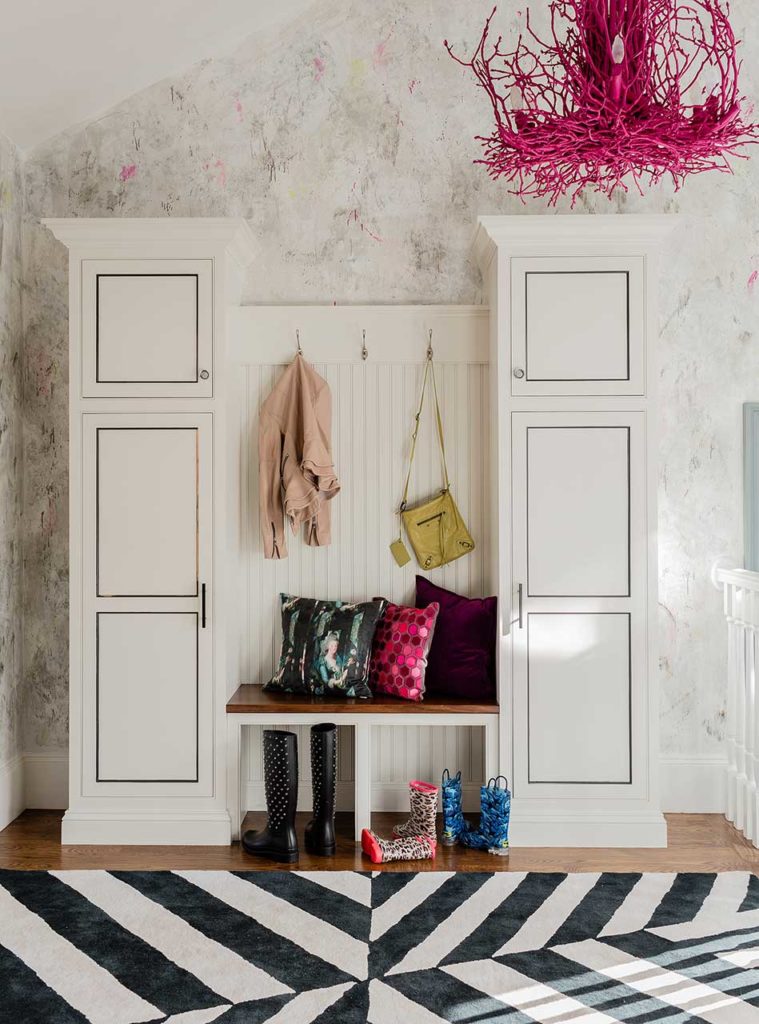 Newton Centre Interior design project. Mud room with whimsical pink coral chandelier.