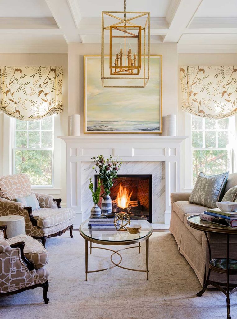 Boston Interior designer Elizabeth Benedict Project West Newton MA - Residential interior design - Living room with fireplace